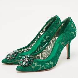 Pre Owned Dolce & Gabbana Green Lace Bellucci Crystal Embellished Pumps Size 39.5