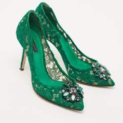 Pre Owned Dolce & Gabbana Green Lace Bellucci Crystal Embellished Pumps Size 39.5