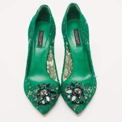 Pre Owned Dolce & Gabbana Green Lace Bellucci Crystal Embellished Pumps Size 39.5