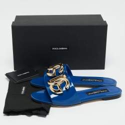 Pre Owned Dolce & Gabbana Blue Patent Leather DG Bianca Flat Slide Sandals Size 39