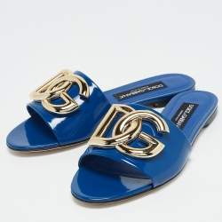 Pre Owned Dolce & Gabbana Blue Patent Leather DG Bianca Flat Slide Sandals Size 39