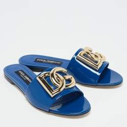Pre Owned Dolce & Gabbana Blue Patent Leather DG Bianca Flat Slide Sandals Size 39