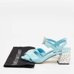 Pre Owned Dolce & Gabbana Light Blue Patent Leather Crystal Embellished Heel Ankle Strap Sandals Size 38.5