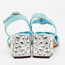 Pre Owned Dolce & Gabbana Light Blue Patent Leather Crystal Embellished Heel Ankle Strap Sandals Size 38.5