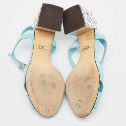 Pre Owned Dolce & Gabbana Light Blue Patent Leather Crystal Embellished Heel Ankle Strap Sandals Size 38.5