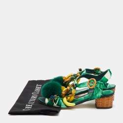 Dolce & Gabbana Green Mink Fur and Satin Banana Leaf T-Strap Sandals Size 36