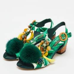 Dolce & Gabbana Green Mink Fur and Satin Banana Leaf T-Strap Sandals Size 36