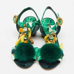 Dolce & Gabbana Green Mink Fur and Satin Banana Leaf T-Strap Sandals Size 36