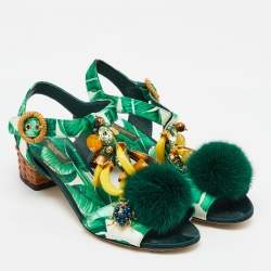 Dolce & Gabbana Green Mink Fur and Satin Banana Leaf T-Strap Sandals Size 36