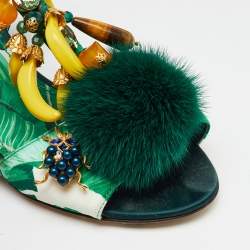 Dolce & Gabbana Green Mink Fur and Satin Banana Leaf T-Strap Sandals Size 36