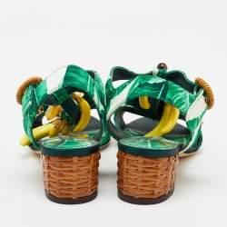 Dolce & Gabbana Green Mink Fur and Satin Banana Leaf T-Strap Sandals Size 36