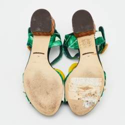 Dolce & Gabbana Green Mink Fur and Satin Banana Leaf T-Strap Sandals Size 36