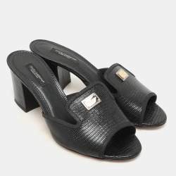 Dolce & Gabbana Black Lizard Embossed Leather Slide Sandals Size 36