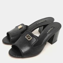 Dolce & Gabbana Black Lizard Embossed Leather Slide Sandals Size 36