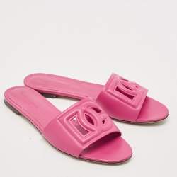 Pre Owned Dolce & Gabbana Pink Leather DG Logo Flat Slides Size 41