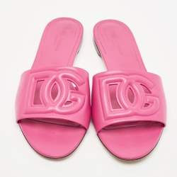Pre Owned Dolce & Gabbana Pink Leather DG Logo Flat Slides Size 41