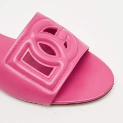 Pre Owned Dolce & Gabbana Pink Leather DG Logo Flat Slides Size 41