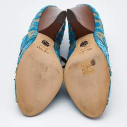 Dolce & Gabbana Blue/Beige Brocade Fabric Lace Up Booties Size 38.5