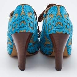 Dolce & Gabbana Blue/Beige Brocade Fabric Lace Up Booties Size 38.5