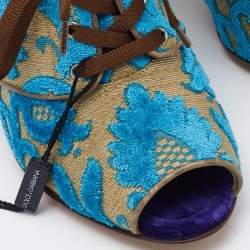 Dolce & Gabbana Blue/Beige Brocade Fabric Lace Up Booties Size 38.5