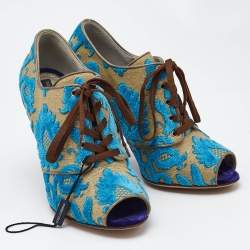 Dolce & Gabbana Blue/Beige Brocade Fabric Lace Up Booties Size 38.5