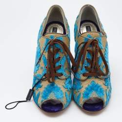 Dolce & Gabbana Blue/Beige Brocade Fabric Lace Up Booties Size 38.5