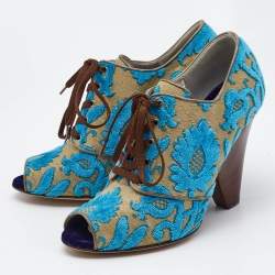 Dolce & Gabbana Blue/Beige Brocade Fabric Lace Up Booties Size 38.5