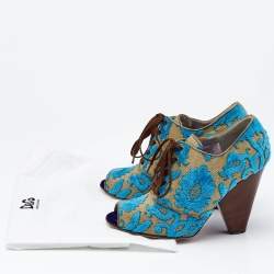 Dolce & Gabbana Blue/Beige Brocade Fabric Lace Up Booties Size 38.5