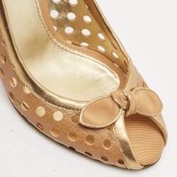 Dolce & Gabbana Gold/Brown Cutout Leather Bow Peep Toe Pumps Size 37