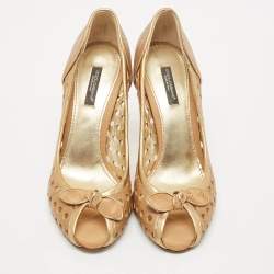 Dolce & Gabbana Gold/Brown Cutout Leather Bow Peep Toe Pumps Size 37