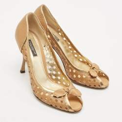 Dolce & Gabbana Gold/Brown Cutout Leather Bow Peep Toe Pumps Size 37
