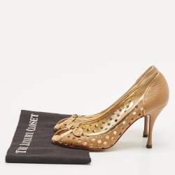 Dolce & Gabbana Gold/Brown Cutout Leather Bow Peep Toe Pumps Size 37