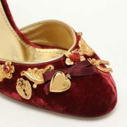 Pre Owned Dolce & Gabbana Red Leather and Velvet Embellished Ankle Strap Pumps Size 39