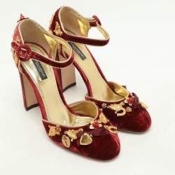 Pre Owned Dolce & Gabbana Red Leather and Velvet Embellished Ankle Strap Pumps Size 39
