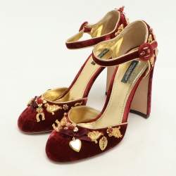 Pre Owned Dolce & Gabbana Red Leather and Velvet Embellished Ankle Strap Pumps Size 39