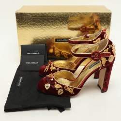 Pre Owned Dolce & Gabbana Red Leather and Velvet Embellished Ankle Strap Pumps Size 39