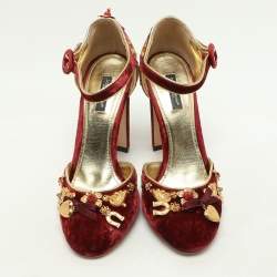 Pre Owned Dolce & Gabbana Red Leather and Velvet Embellished Ankle Strap Pumps Size 39