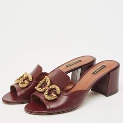 Dolce & Gabbana Burgundy Leather DG Logo  Slide Sandals Size 41
