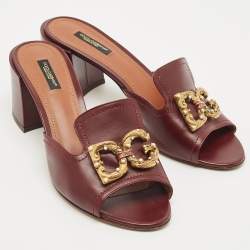 Dolce & Gabbana Burgundy Leather DG Logo  Slide Sandals Size 41
