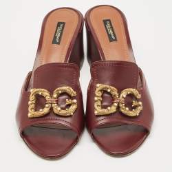 Dolce & Gabbana Burgundy Leather DG Logo  Slide Sandals Size 41