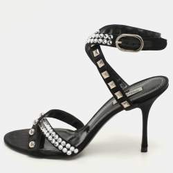 Dolce & Gabbana Black Satin Crystal and Studs Embellished Ankle Strap Sandals Size 40