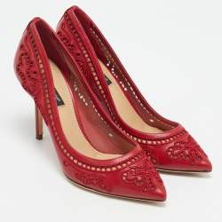 Dolce & Gabbana Red Leather and Lace Laser Cutout Pumps Size 36.5