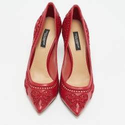 Dolce & Gabbana Red Leather and Lace Laser Cutout Pumps Size 36.5