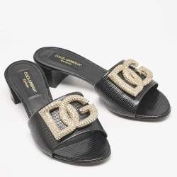 مملوكة مسبقًا Dolce & Gabbana Black Lizard Embossed Leather Bianca Sandals Size 40
