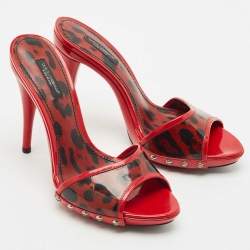 Dolce & Gabbana Red/Black Leopard Print Patent Leather Slide Sandals Size 39