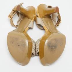 Pre Owned Dolce & Gabbana Green//Grey Leather and Patent Leather Ankle Strap Sandals Size 38