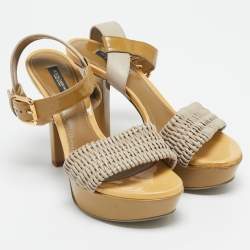 Pre Owned Dolce & Gabbana Green//Grey Leather and Patent Leather Ankle Strap Sandals Size 38