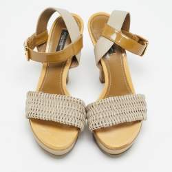 Pre Owned Dolce & Gabbana Green//Grey Leather and Patent Leather Ankle Strap Sandals Size 38