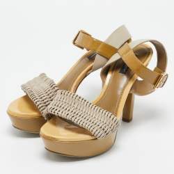 Pre Owned Dolce & Gabbana Green//Grey Leather and Patent Leather Ankle Strap Sandals Size 38