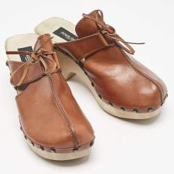 Dolce & Gabbana Brown Leather Bow Wooden Clogs Size 39